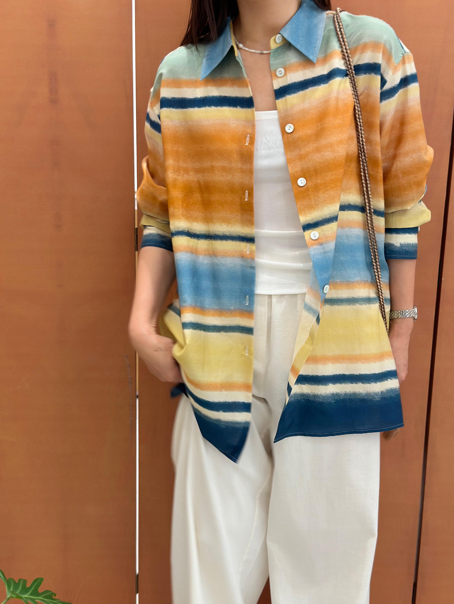 26 Autumn/Winter New Striped Resort Style Printed Silk Cotton Long Sleeve Shirt Top Rainbow Print Oversized Women's Shirt