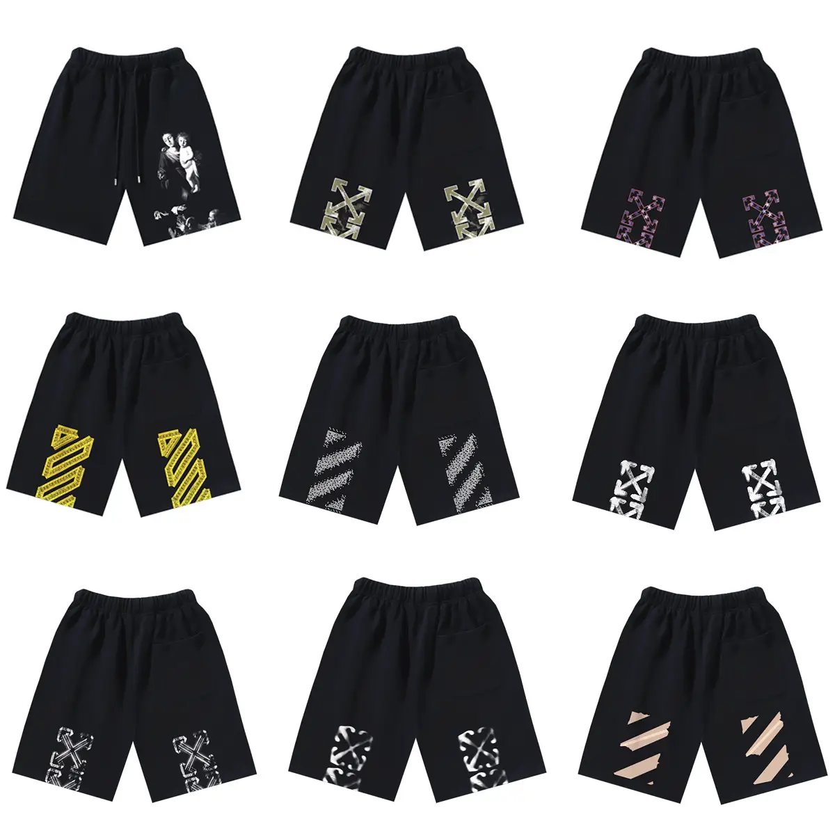 Cross-Border Export New Ow Brushed Cotton Terry 450g Graffiti Arrow Tape Printed Shorts for Men and Women