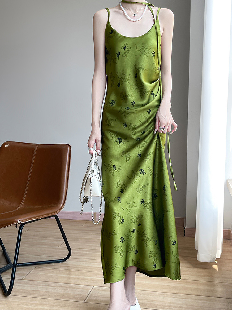French-Style Light Luxury Satin Printed Ribbon Strap Dress for Women, Summer High-End Elegant Sleeveless Silky Drape Long Dress