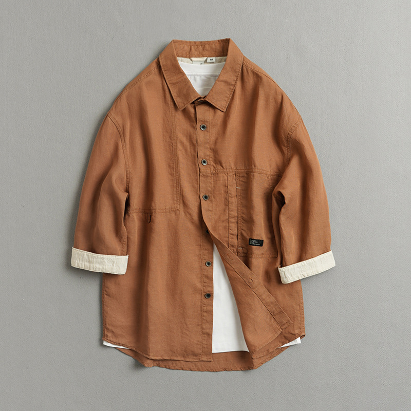 Men's Gastrodia Blouse 2024 Summer New Pocket Basic Men's Seven-Sleeve Shirt 3358