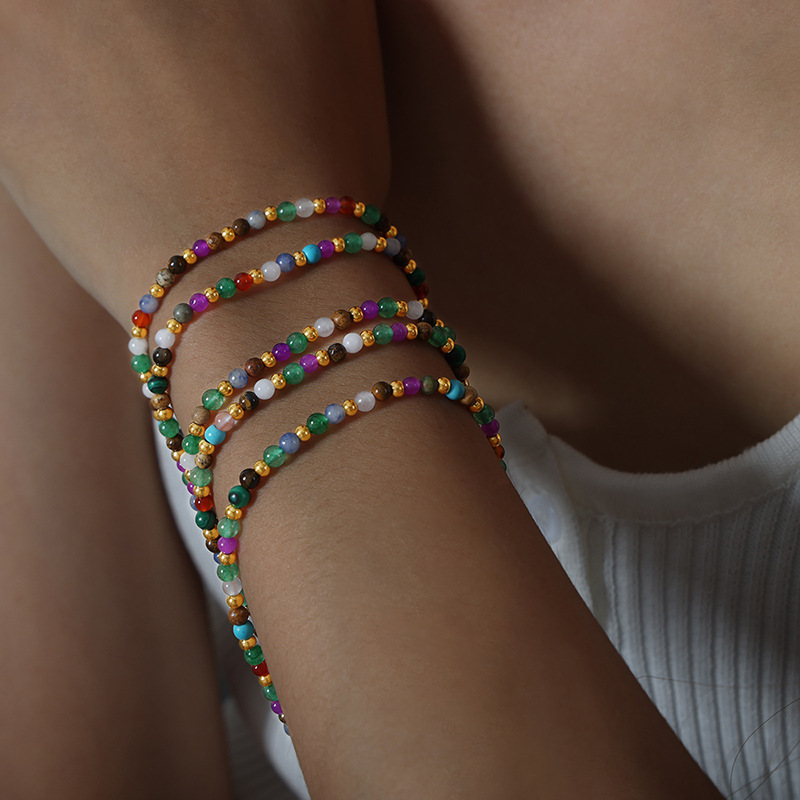 Bohemian Style Fresh and Sweet Rainbow Design with Iridescent Beads Hand-Beaded Titanium Steel Gold-Plated Bracelet