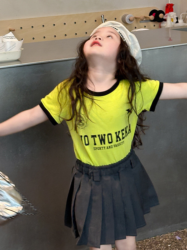 Girls' Yasha Cotton Short-Sleeve 2026 Summer New Korean Style Color-Blocking T-Shirt for Older Children with Letter Print Half-Sleeve