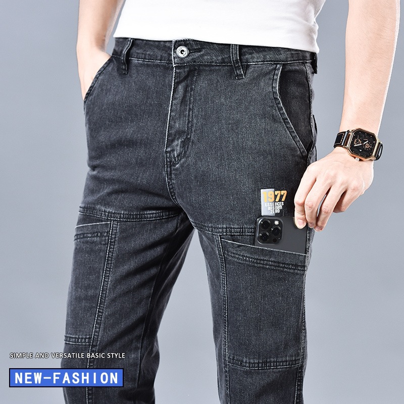 Six-Pocket Jeans for Men, Trendy Versatile Slim-Fit Straight-Leg Casual Autumn Stretch Thin Long Pants