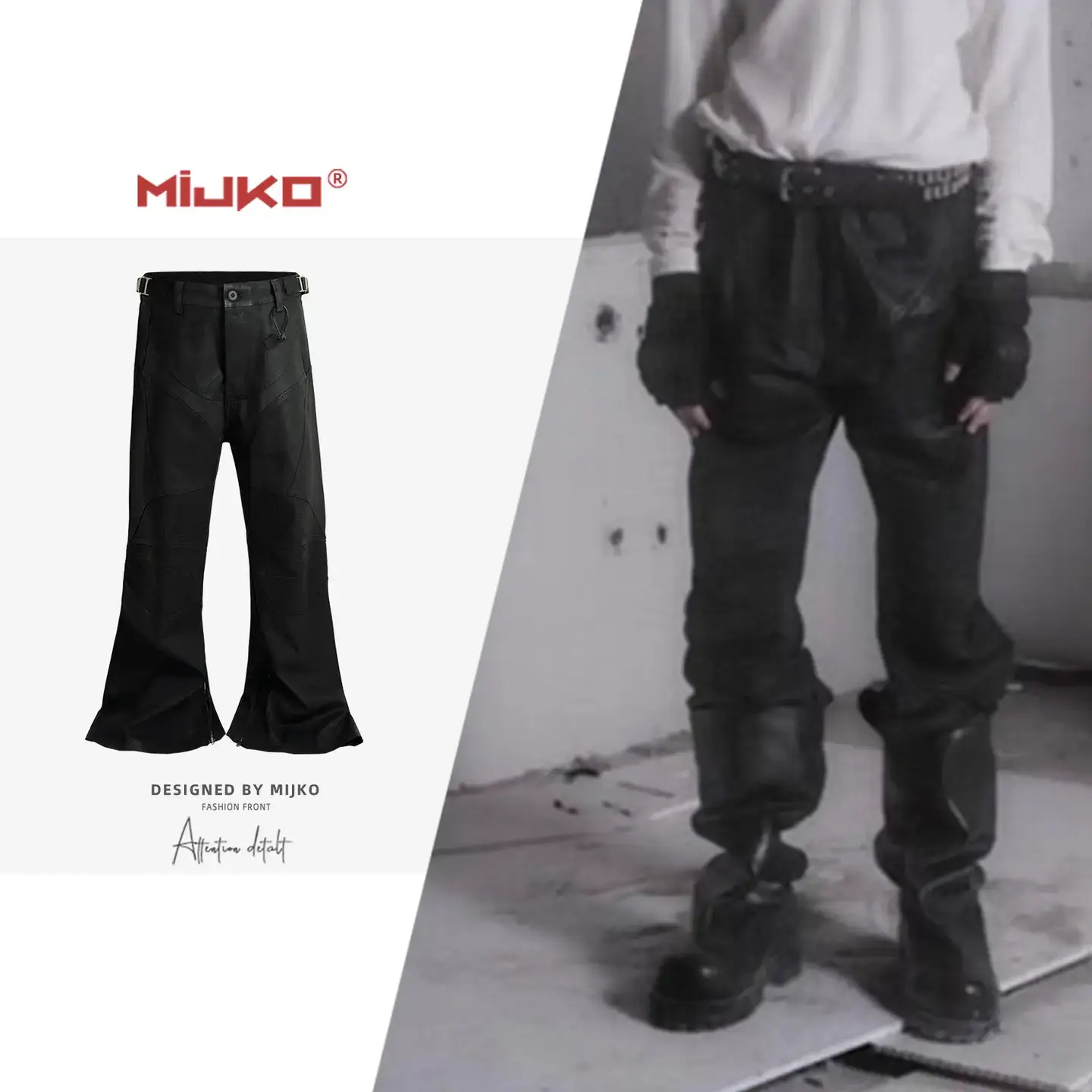 Ro Style Heavy-Duty Micro-Flared Waxed Knee Wrinkle Biker Pants Men's Waistband Buckle Design Functional Black Jeans