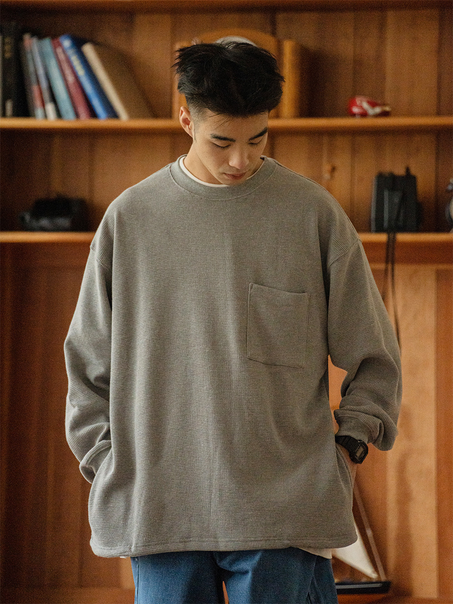 TRS Men's | 24SS Japanese Heavy 380g Waffles Side Pocket Loose Pocket Long Sleeve T-shirt Men