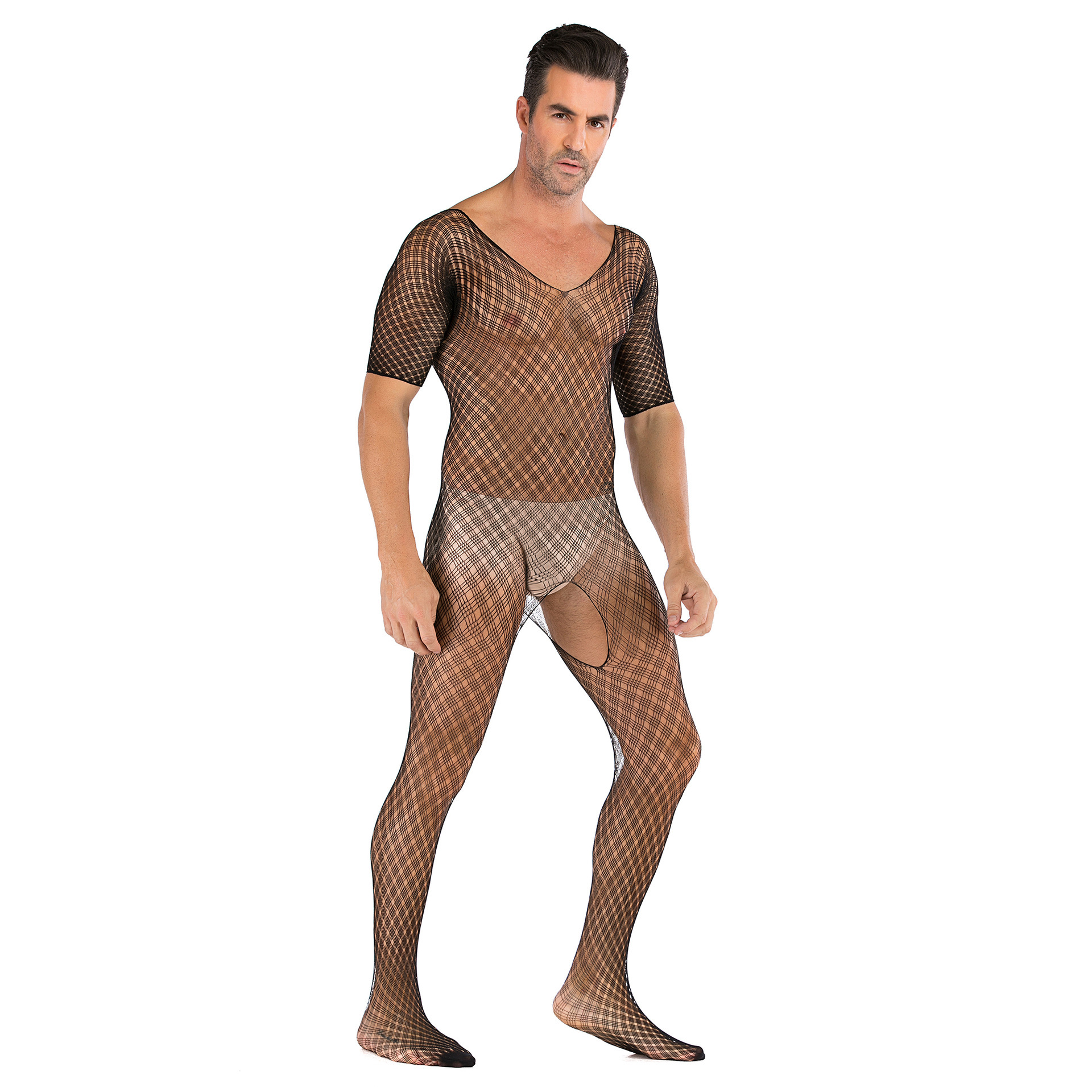 Cross-border Underwear Men's Half-sleeved Siaman Stockings Open Sexy Pajamas Sexy Full-body Mesh Mesh