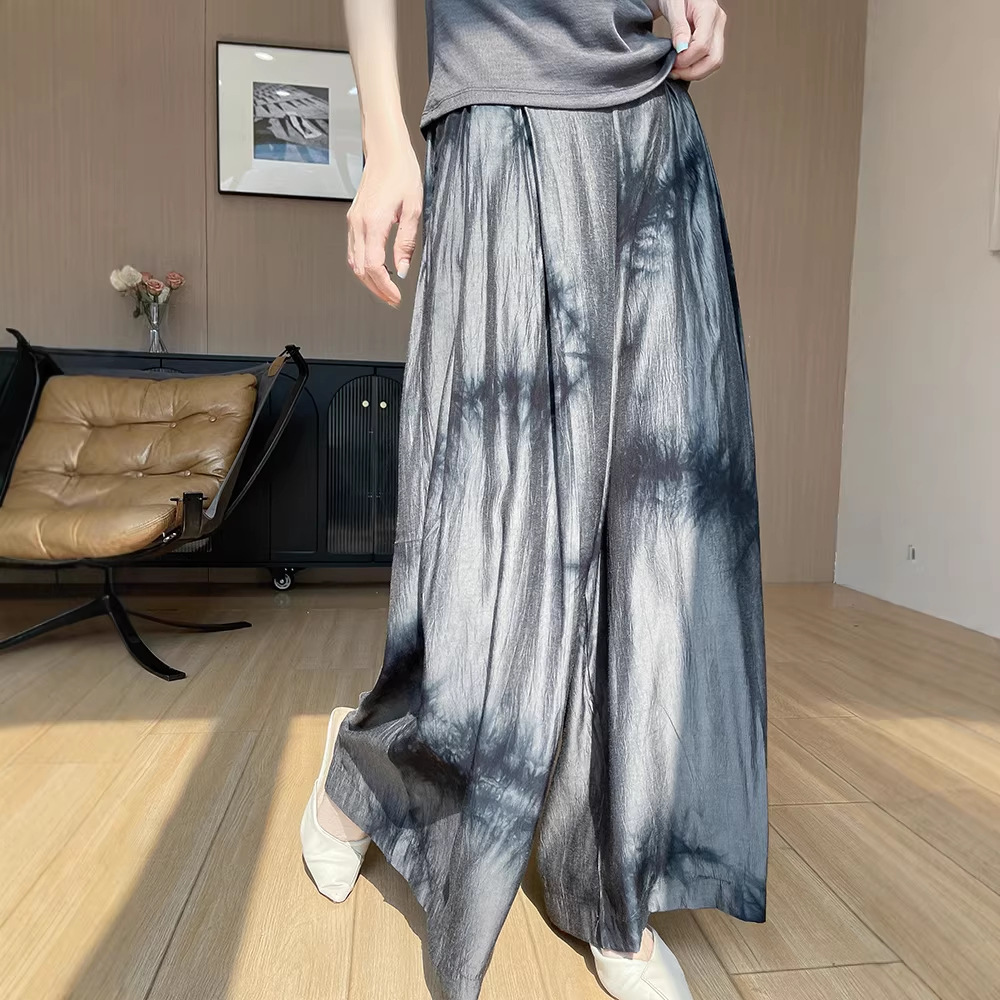 New Chinese-Style National Style Tie-Dye Satin Wide-Leg Pants for Women, High-Waisted, Drapey, Summer New Style, Lazy Style, Loose Long Pants/Skirt
