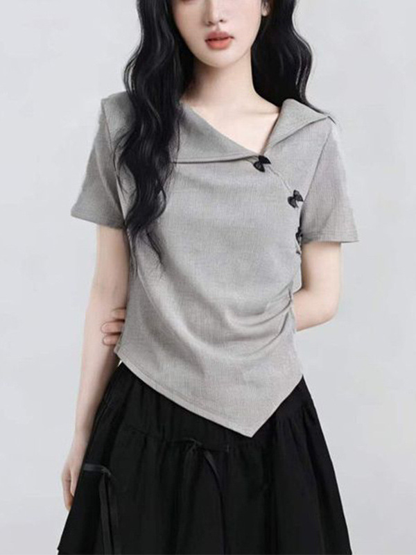 French-Style Design Irregular V-Neck Bow Short-Sleeve T-Shirt, New Summer Versatile Color-Blocking Top for Women
