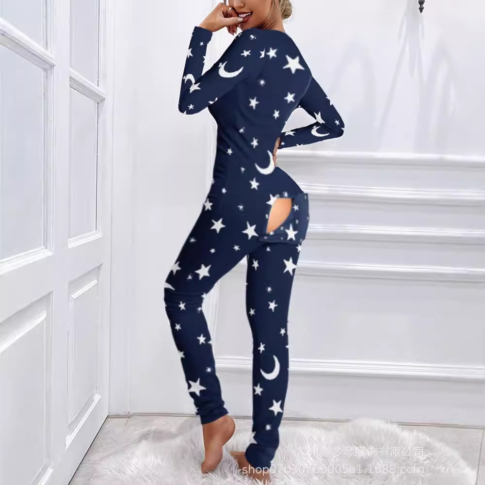 2022 Amazon Independent Station New Women's Jumpsuit Printed Functional Button Flip Adult Long Sleeve Pajamas