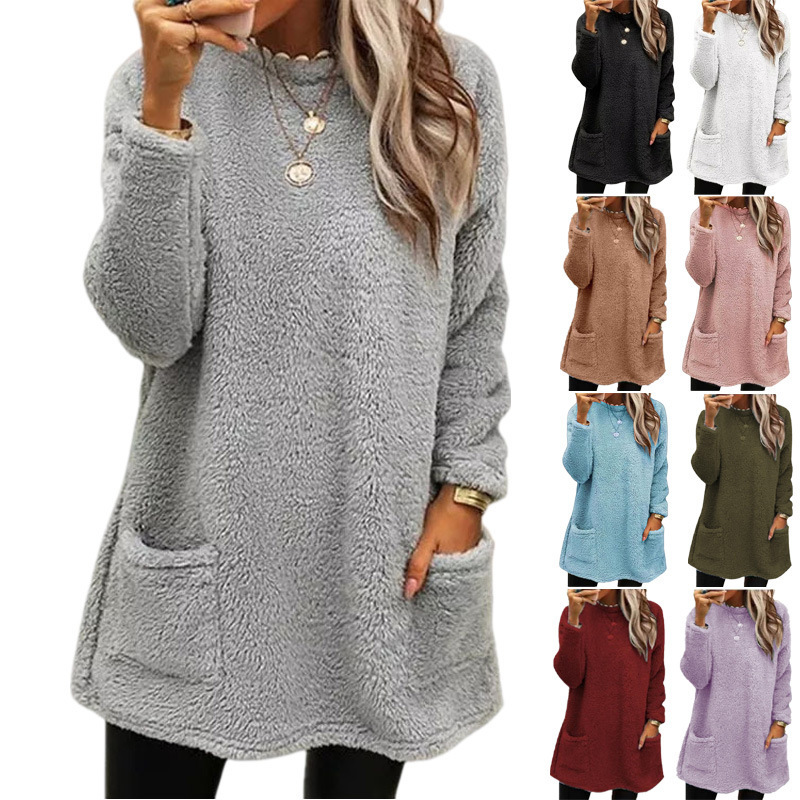 2026 European and American Amazon Independent Site Temu Cross-Border New Women's Clothing Long-Sleeve Pocket Plush Sweatshirt T-Shirt Top