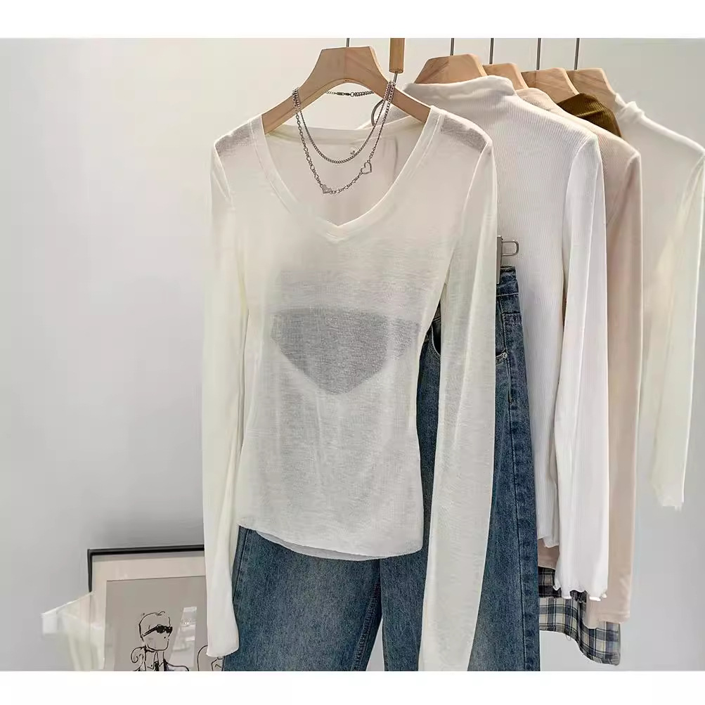 White Spice Girls V-neck Micro-through Back Hollow Base Shirt Women's 2024 New Design Sense Slim-fit T-shirt Top