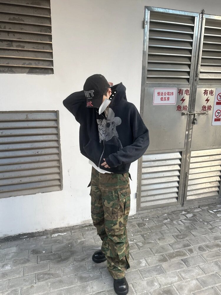 Top-Quality Erd Hoodie with a Distressed Patchwork Design Featuring a Melancholic Rich Kid with a Pig Face, Short and Wide Fit, Drop Shoulder, and Zipper