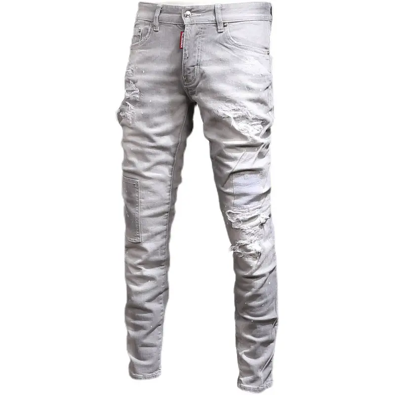 European Station New Smoke Grey Ripped Cloth Pad Jeans Men's Korean Style Fashionable Slim-fit Youth Small Foot Fashionable Brand Denim