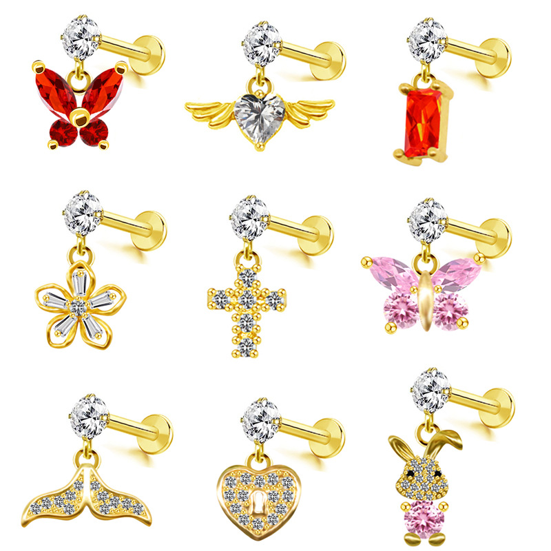 Bibi European and American cross-border stainless steel lip nail butterfly small flower wings rabbit lip nail cross lip nail puncture jewelry