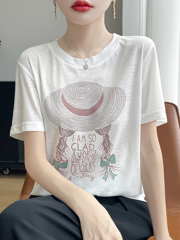 2026 Summer New Style Lyocell Tencel Round Neck Printed Knitted Short-Sleeved Women's Thin Loose Versatile T-Shirt Top