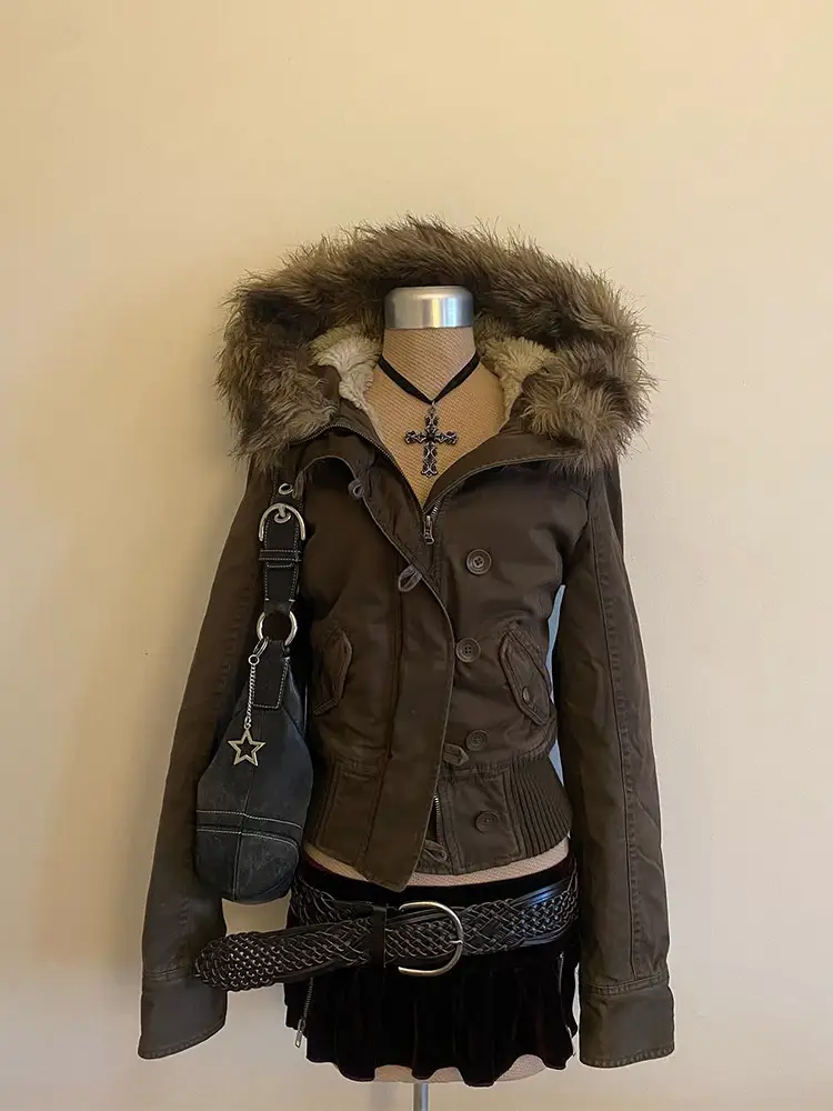 Half-sleeping girl original vintage fashion jacket senior sense of brown padded fur collar coat female temperament skinny