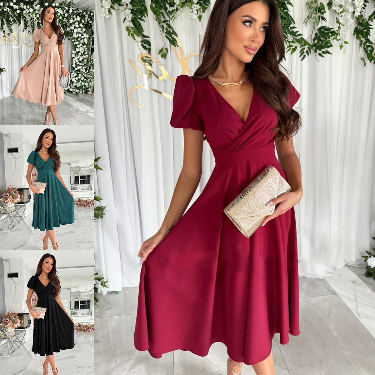 dress Summer New Women's Amazon AliExpress Women's Commuter Solid Color V-neck Waist Puff Sleeve Large Skirt