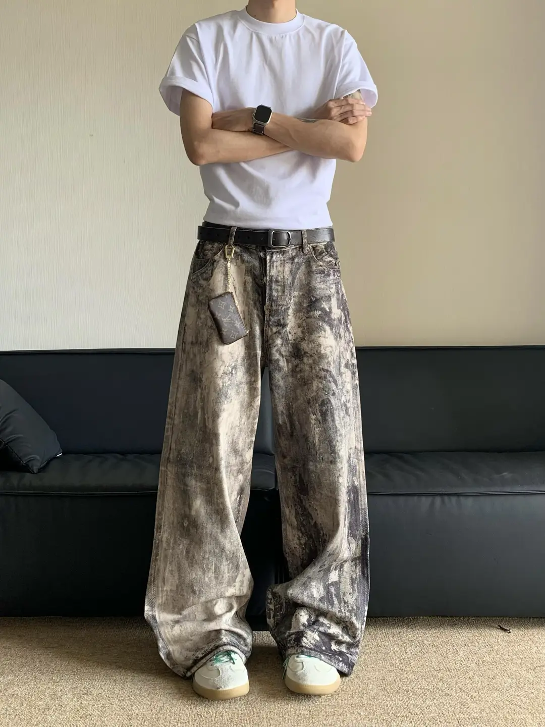 American retro 3D digital printing ink splash old jeans men and women high street cleanfit loose straight casual pants