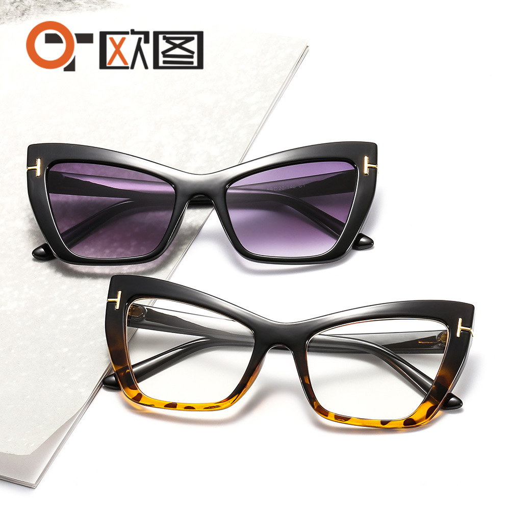 New Cross-Border T-Shaped Cat-Eye Women's Anti-Blue Light Flat Mirror Fashion European and American Contrasting Color Decorative Personalized Glasses Frame 9024