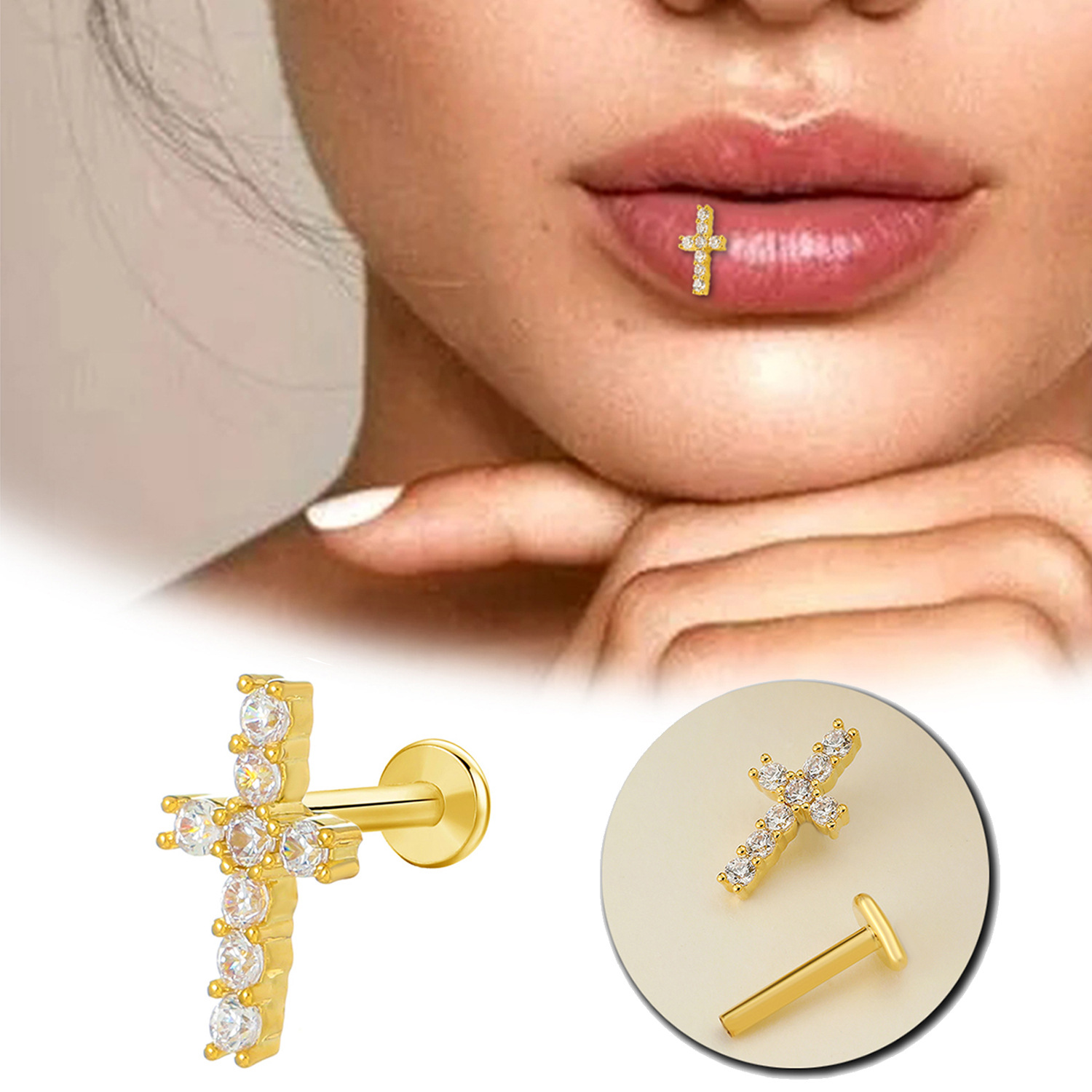 Cross-border micro-inlaid zircon delicate ear bone nail lip nail lip ornament ear soft bone nail European and American alternative fashion piercing jewelry