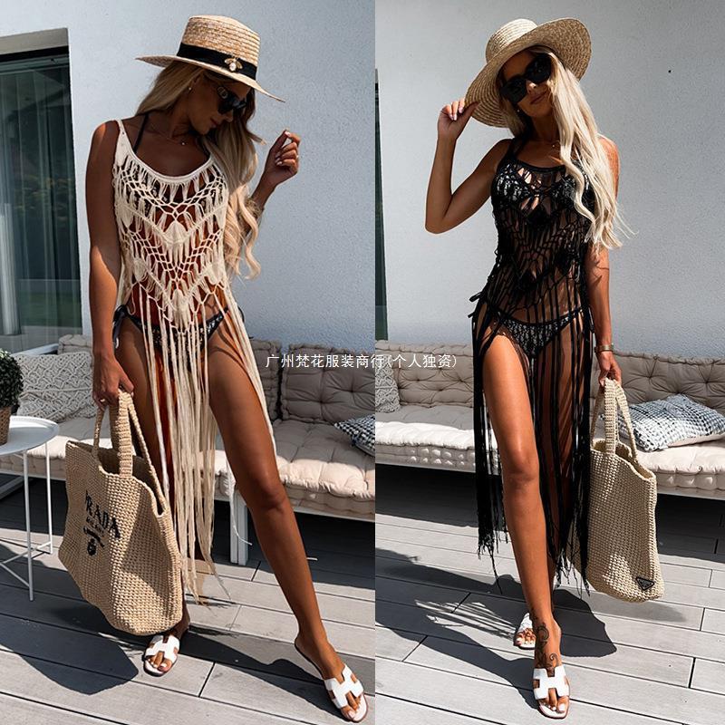 Cross-border European and American Clothing Amazon Hot Selling Sexy Hand Hook Cut Out Sun Protection Shirt Suspender Long Tassel Beach Cover-up for Women