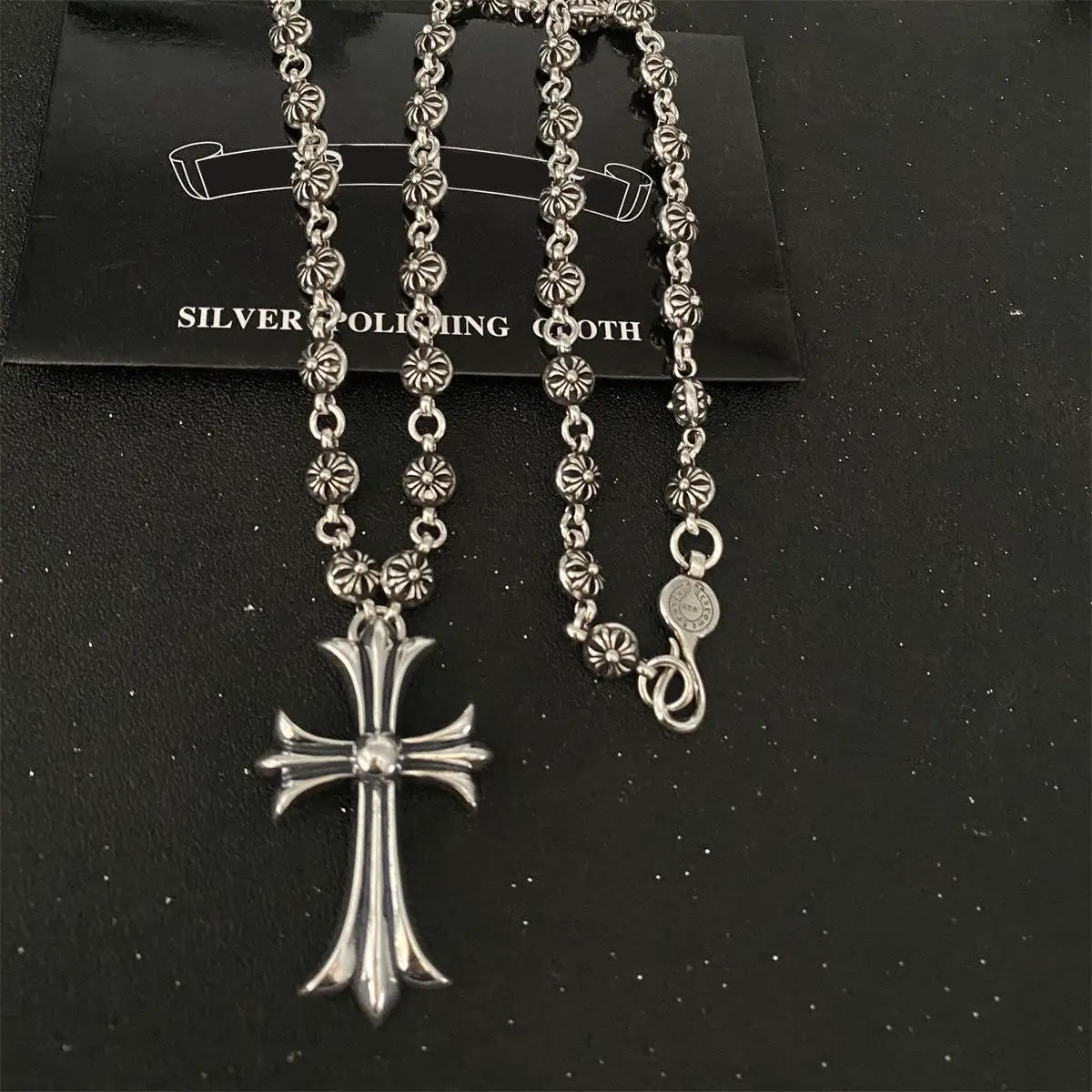 925 Silver Cross Flower Chain Ch Cross Necklace Retro Vintage Fashion Hip-Hop Sweater Chain Unisex Couple Trendy