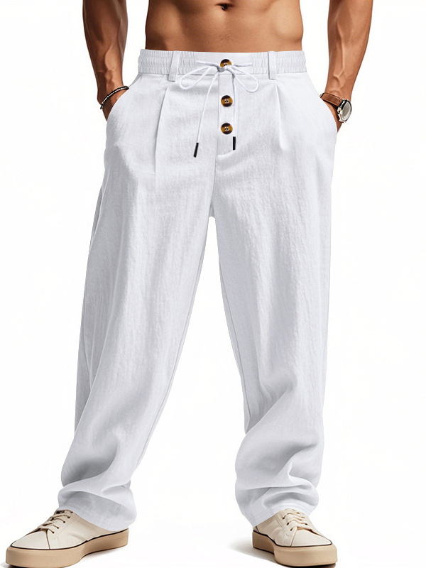 Cross-Border American-Style Men's Linen Pants with Button Decoration and Drawstring, Summer Beach Pants, Straight-Leg, Solid Color, Comfortable, Breathable Long Pants