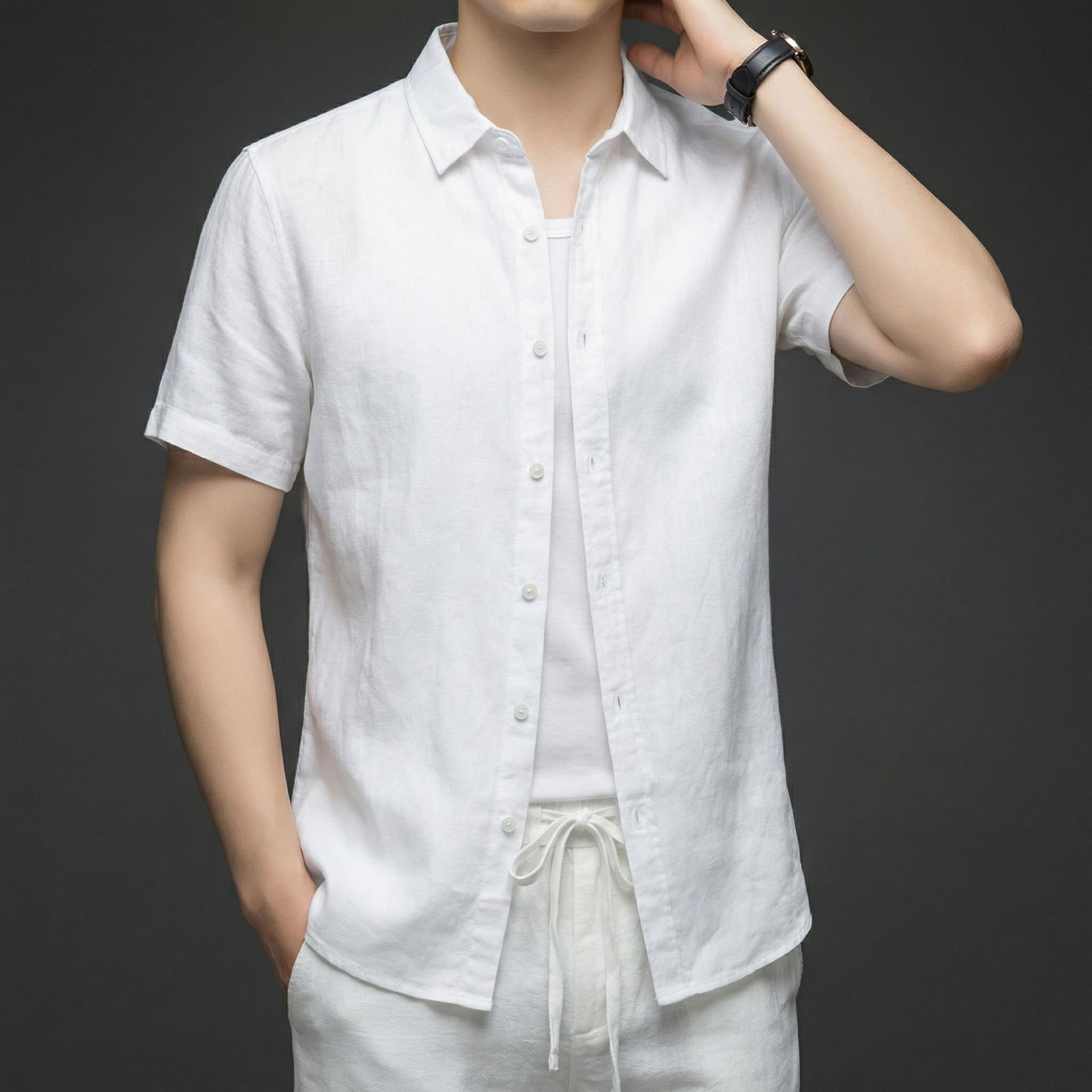 Solid Color Linen Lapel Short-Sleeved Cardigan for Men, Simple and Versatile Comfortable Shirt, Summer Breathable Casual Jacket Wholesale