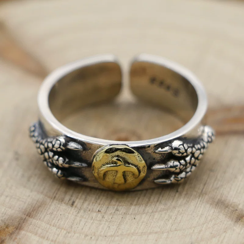 S925 Sterling Silver Sun-Pointed Gold Open Ring, Trendy Men's Motorcycle Style Thai Silver Personalized Brass Eagle Claw Ring