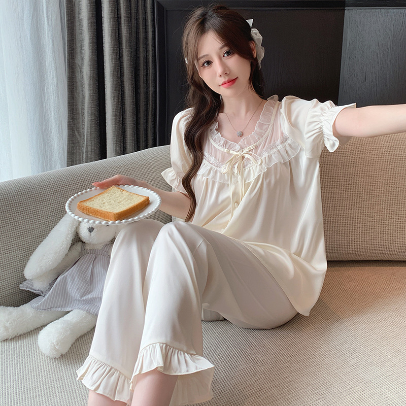 French Court Style Ice Silk Pajamas Women's Summer Sweet High-end Short-sleeved Trousers suit Sweet Cute Home Clothes