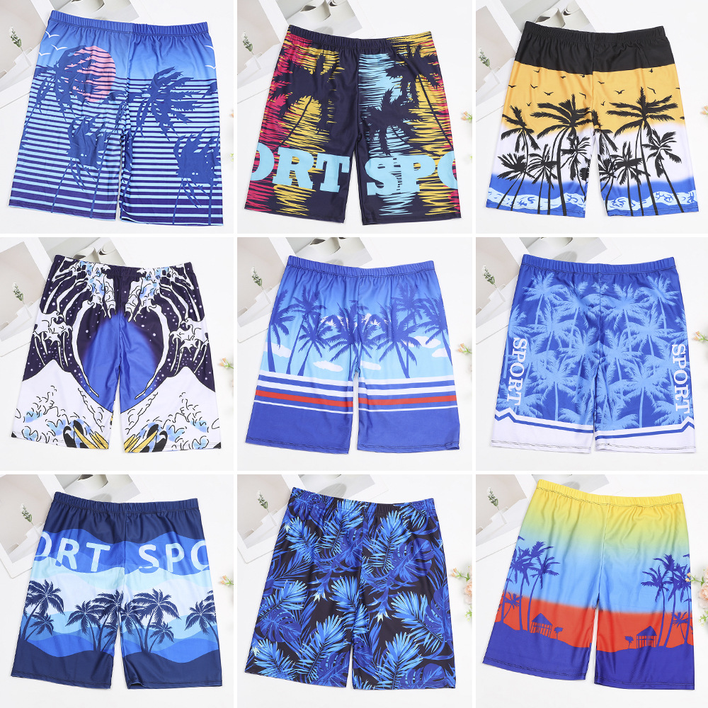 Quick-drying Five-point Swimming Trunks Loose plus size Coconut Tree Print Beach Hot Spring Swimming Trunks Men's Boxer Anti-embarrassment Swimsuit