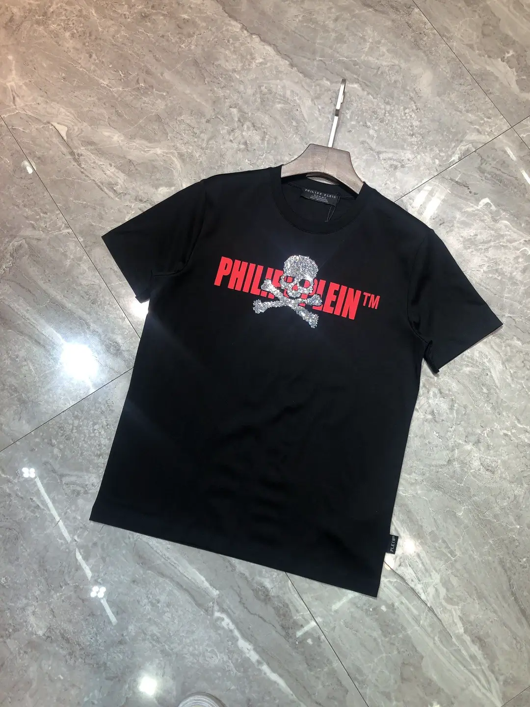 European Station 2025 New Trendy Brand Men's Letter Skull Rhinestone Philip Spring and Summer Pure Cotton Fashion Short-Sleeve T-Shirt