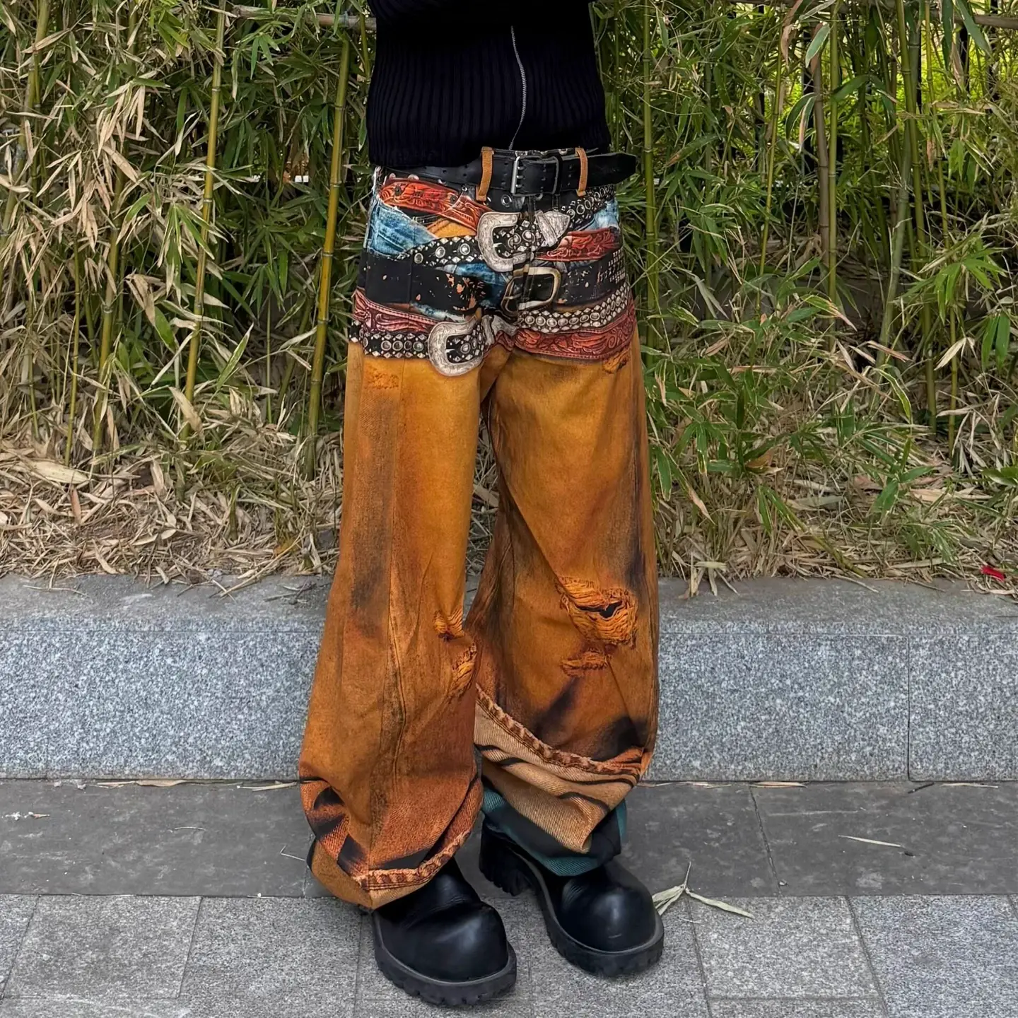 American ac style 25SS Wang Yibo same Machete 3D printing multi belt broken holes illusion pants jeans sub