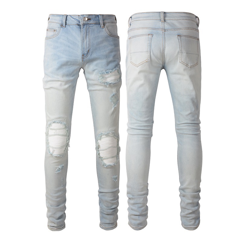 Can Be Used for Dropshipping of Foreign Trade American-Style Men's Slim-Fit High-Street Ripped Patch Jeans, Cross-Border Wholesale Men's Jeans