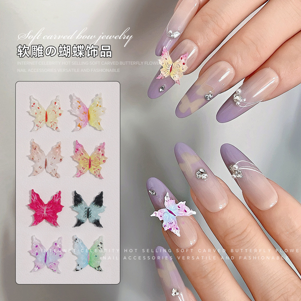 Mixed Butterfly Decorations, Iridescent Fairy Soft-Carved Colorful Gradient Large Diamond Bowknot Three-Dimensional Sweet Nail Art Decorations with Rhinestones