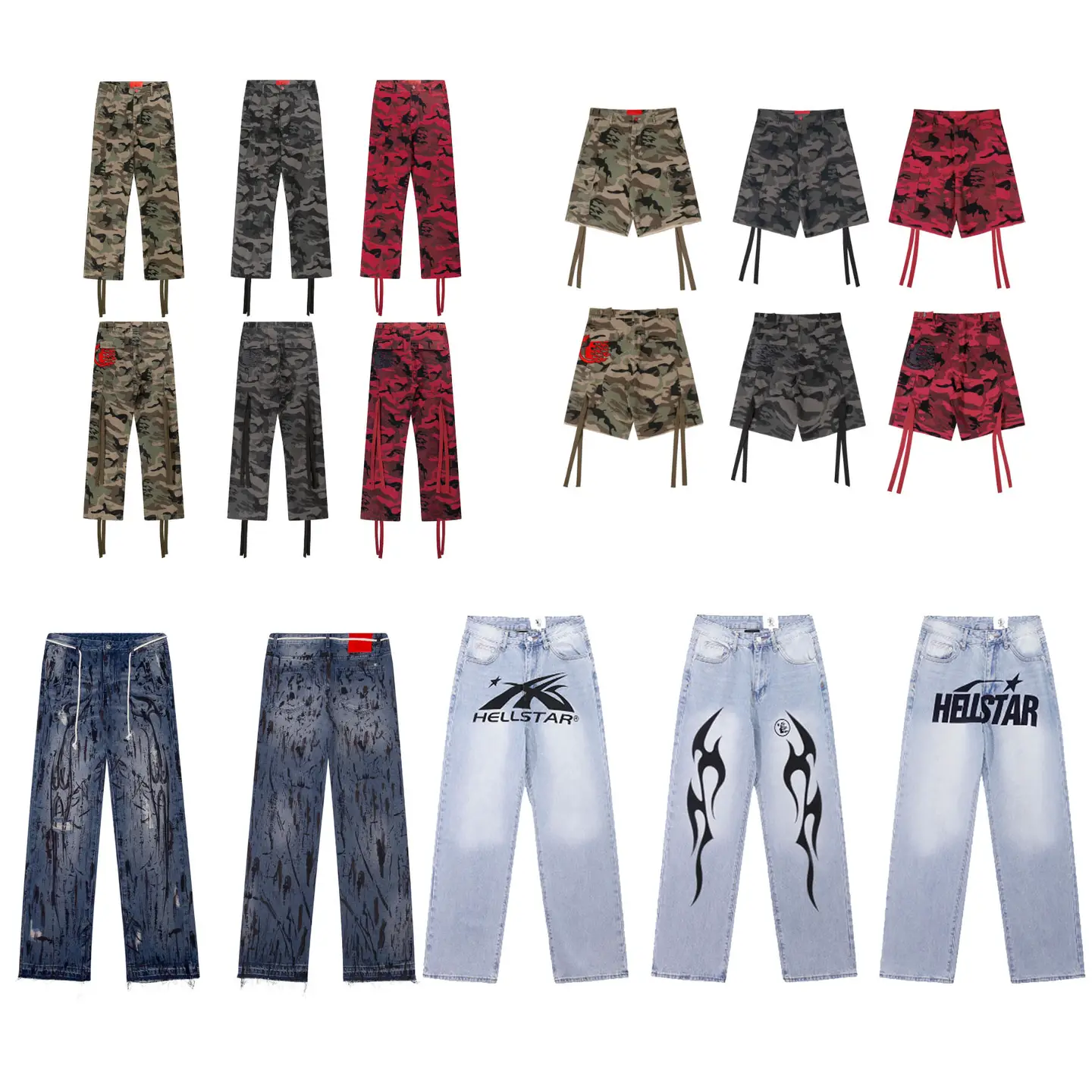 Cross-Border European and American Trendy Brand Hell Hell Star Logo Camouflage Casual Jeans for Men and Women American High Street Straight-Leg Pants
