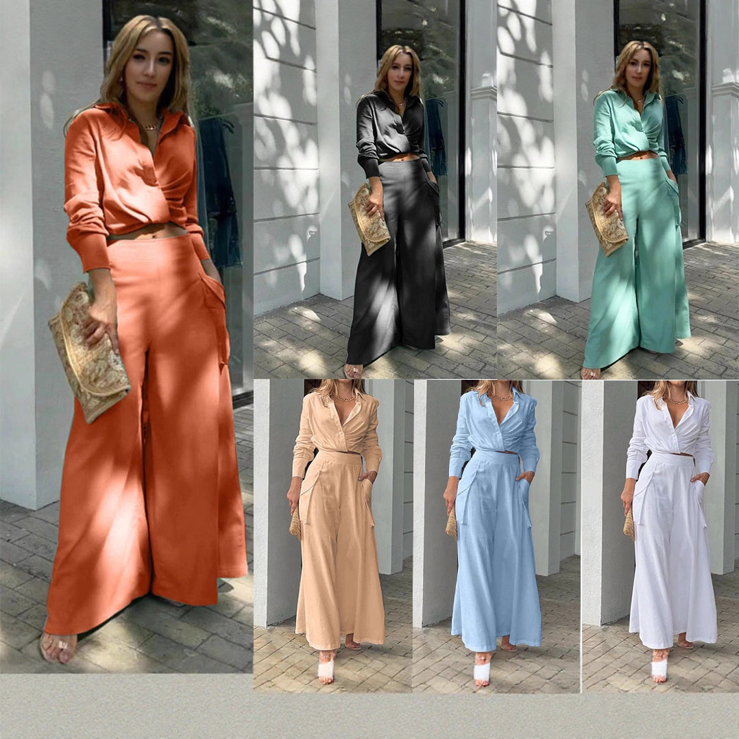 2026 European and American Amazon Women's Casual Solid Color Short Long-Sleeve Shirt Set High-Waisted Wide-Leg Pants Two-Piece Set