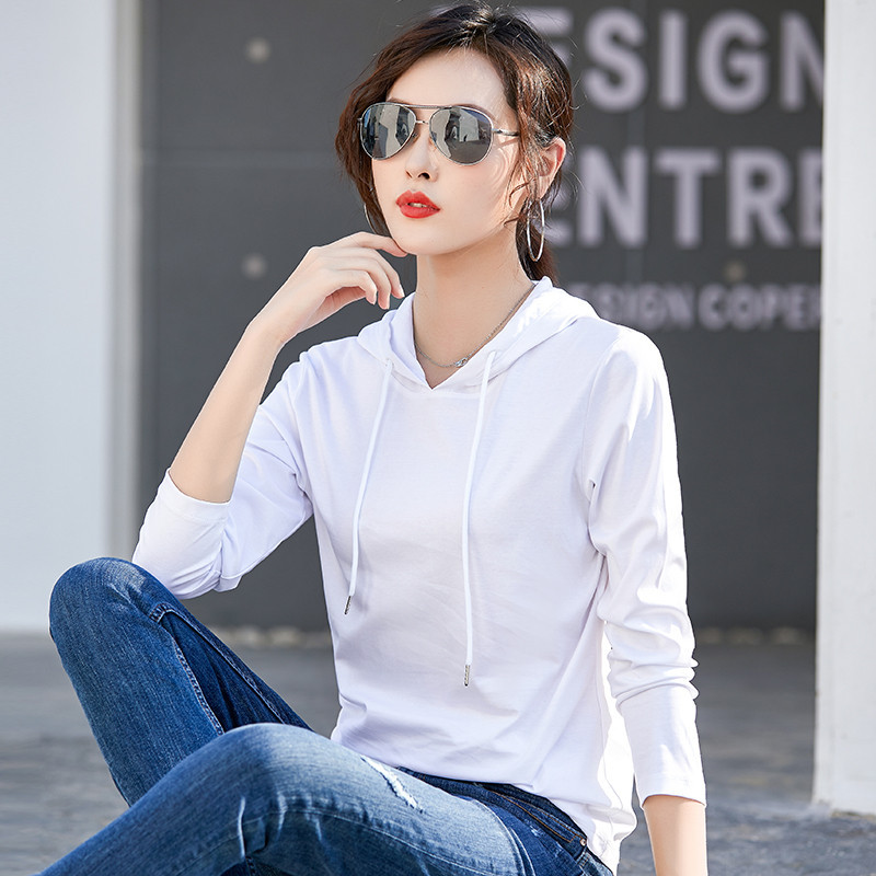 Spring New Style 80 Count Mercerized Cotton Fashion Hooded T-Shirt Women's Long-Sleeved Hooded Thin Sweatshirt Comfortable Pure Cotton 6736-1