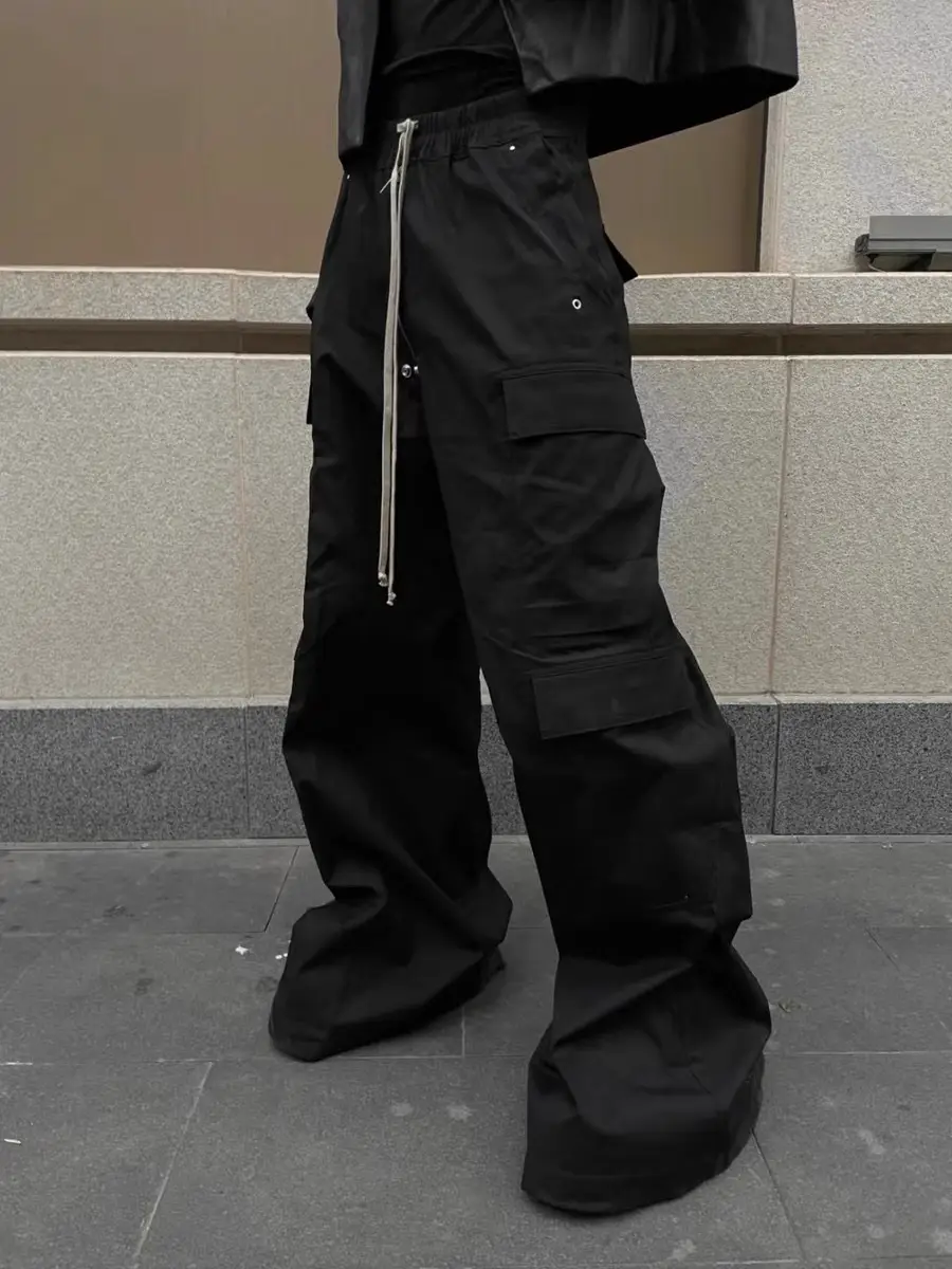 2024 New American Style High Street RO Style Wide Leg Cordless Pants Men's Trendy Brand Dark Multi-Pocket Trailing Trumpet Pants