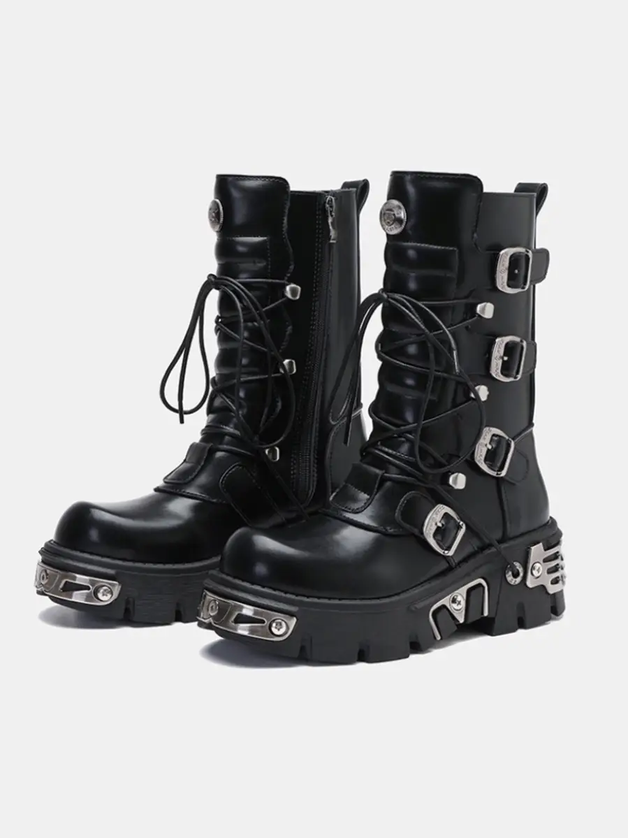 Retro Genuine Leather British Style High Boots Spanish Street Style Metal Motorcycle Boots Punk Workwear Rock Thick-Soled Women's Boots