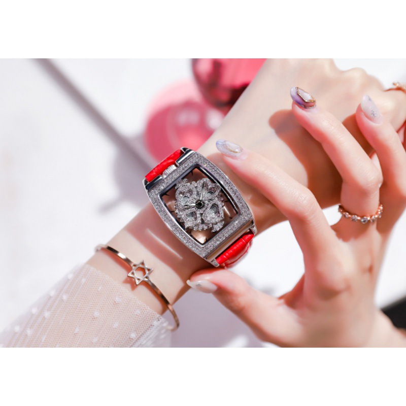 Hollow-out Watch Women's Square Full Diamond Barrel Merlot Women's Watch Creative TikTok Online Red