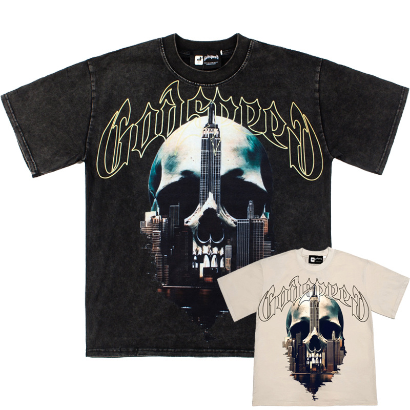 2026 Cross-Border American Retro Building Skull Summer Loose Casual Unisex Trendy Hip-Hop Short-Sleeve T-Shirt