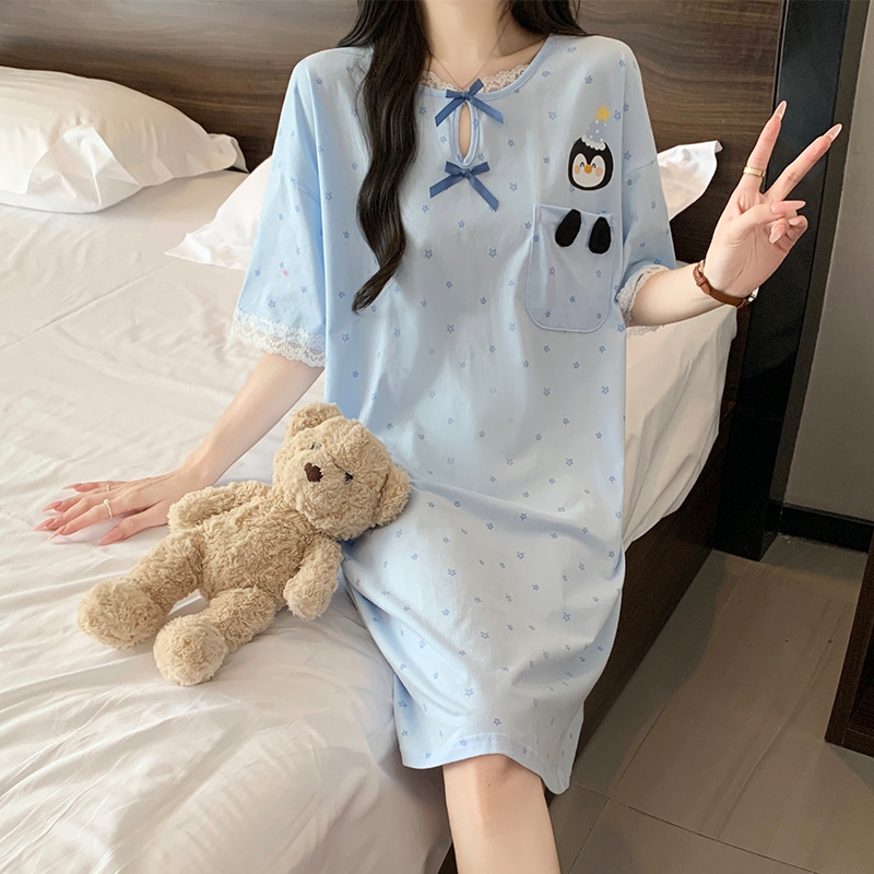 Pure Cotton Nightgown for Women Summer 2026 New Style Summer Pajamas Short-Sleeved Thin Sweet Style Girl Dress Round Neck
