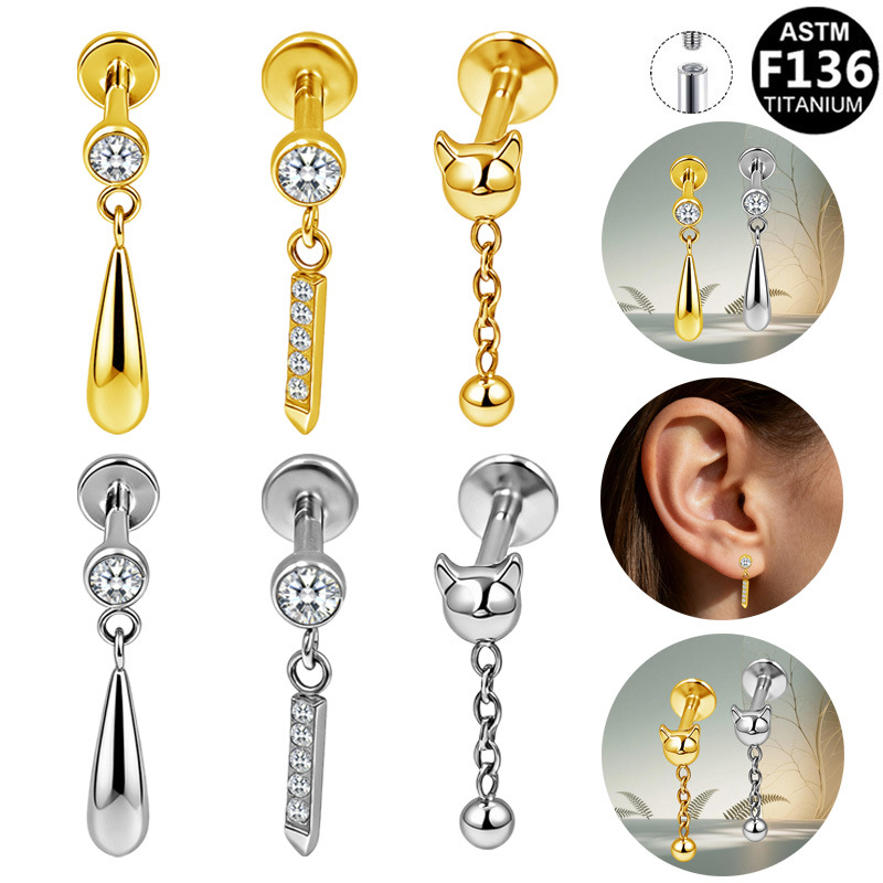 Gabei European and American Cross-Border G23 Titanium Alloy Internal Thread Cat Head Pendant Three-Dimensional Ear Stud Ear Bone Stud Factory Wholesale