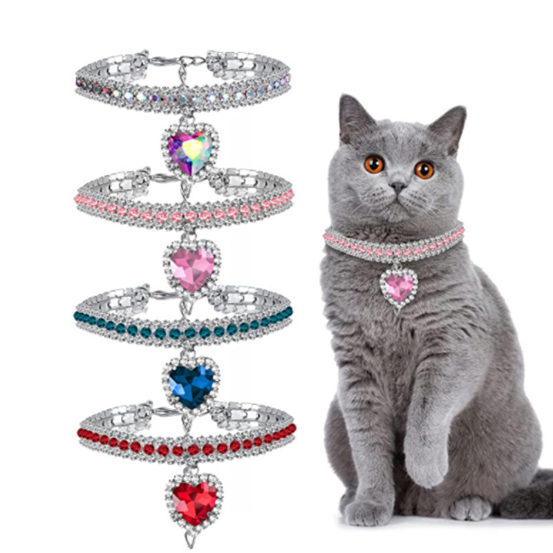 Cross-Border Love Water Drop Rhinestone Cat Collar Pet Dog Neck Jewelry Necklace Collar Cat Gemstone Necklace
