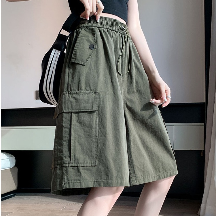 Cotton Washed Work Pants for Women, Summer 2026, Versatile and Fashionable, Elastic Waist, Slimming, Loose Fit, Plus Size, Casual Five-Point Shorts