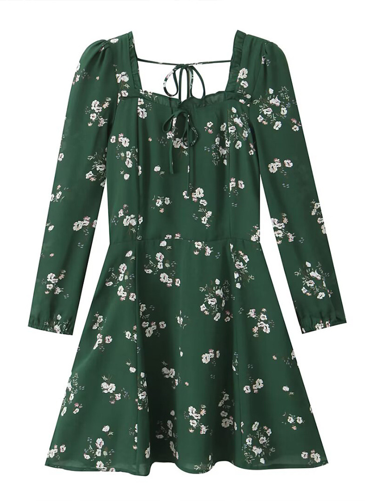 2025 Spring/Summer New Women's Fashion French Retro Floral Heart-Shaped Collar Ruffled Slim Fit Long Sleeve Dress