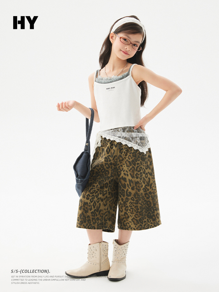 Girls' Leopard Print Pants 2026 Summer New Style Children's European and American Style Cropped Pants for Older Kids Stylish Summer Loose Pants