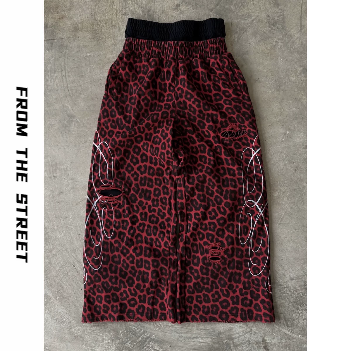 From the Street American Retro Double-Waist Leopard Print Distressed Loose Straight-Leg Sweatpants