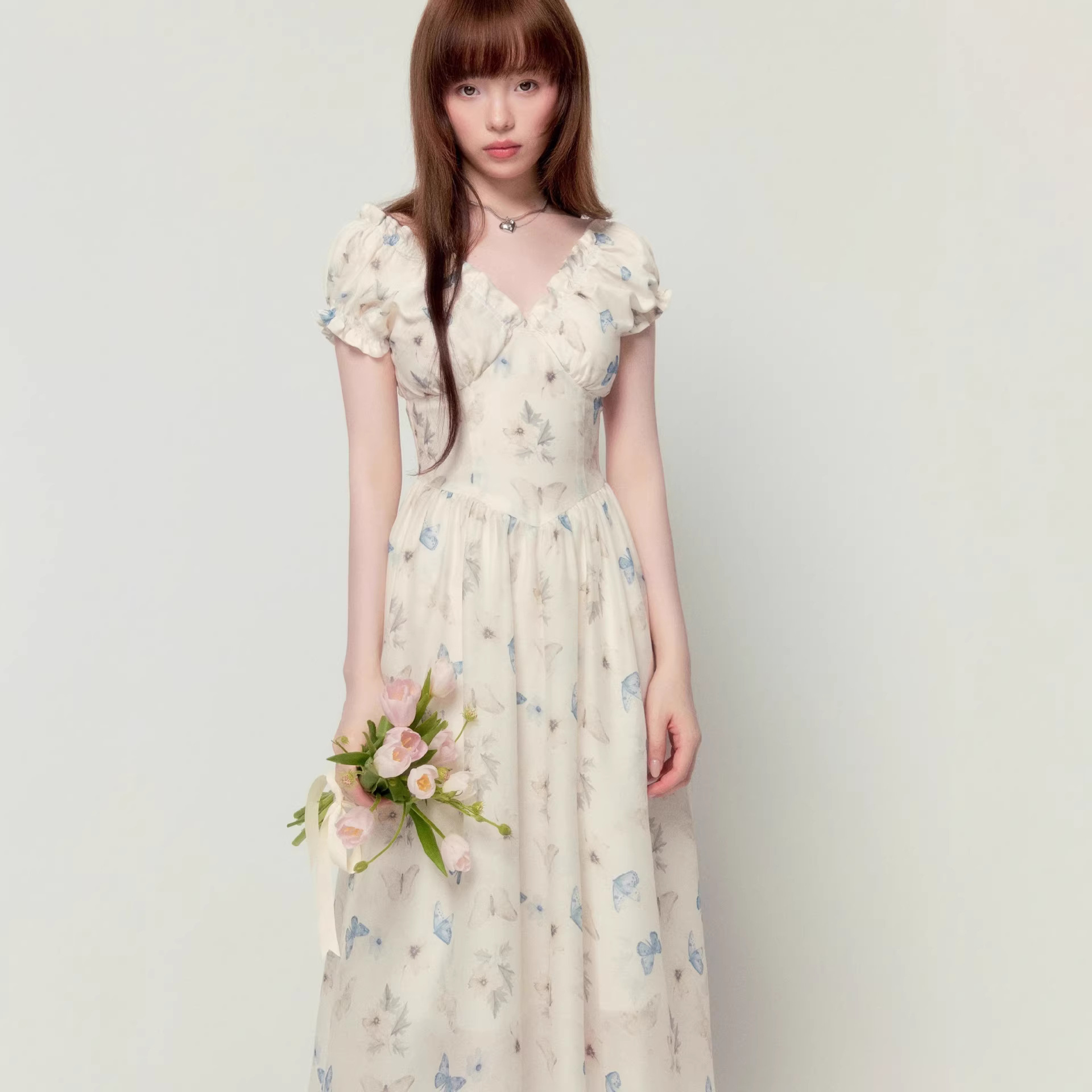 Unique Sweet Design with Butterfly and Floral Patterns, Slimming Effect, V-Neck, Floral Print, Summer Vibe, Retro Long Dress, New Style